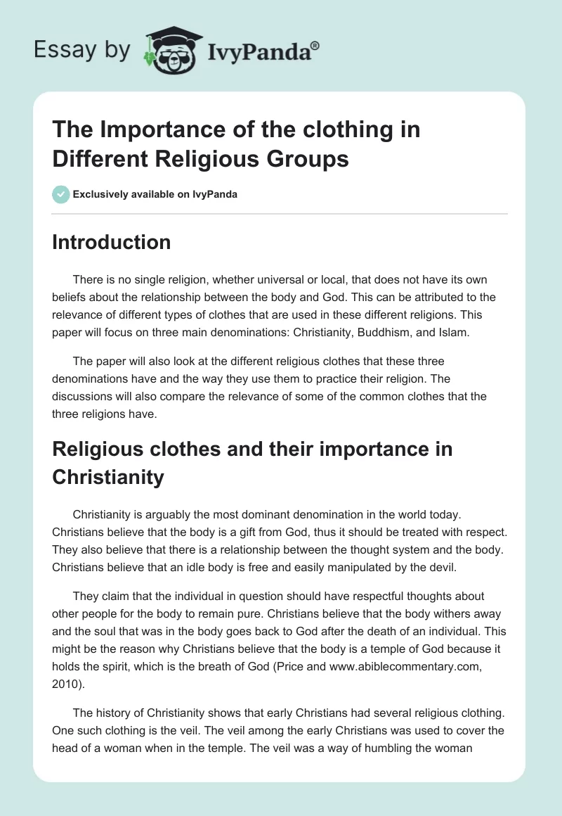 The Importance of the clothing in Different Religious Groups. Page 1