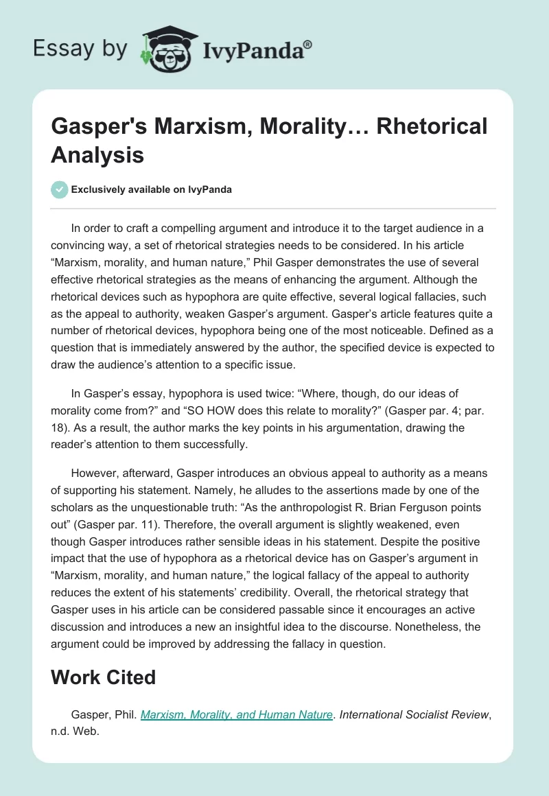 Gasper's "Marxism, Morality…" Rhetorical Analysis. Page 1