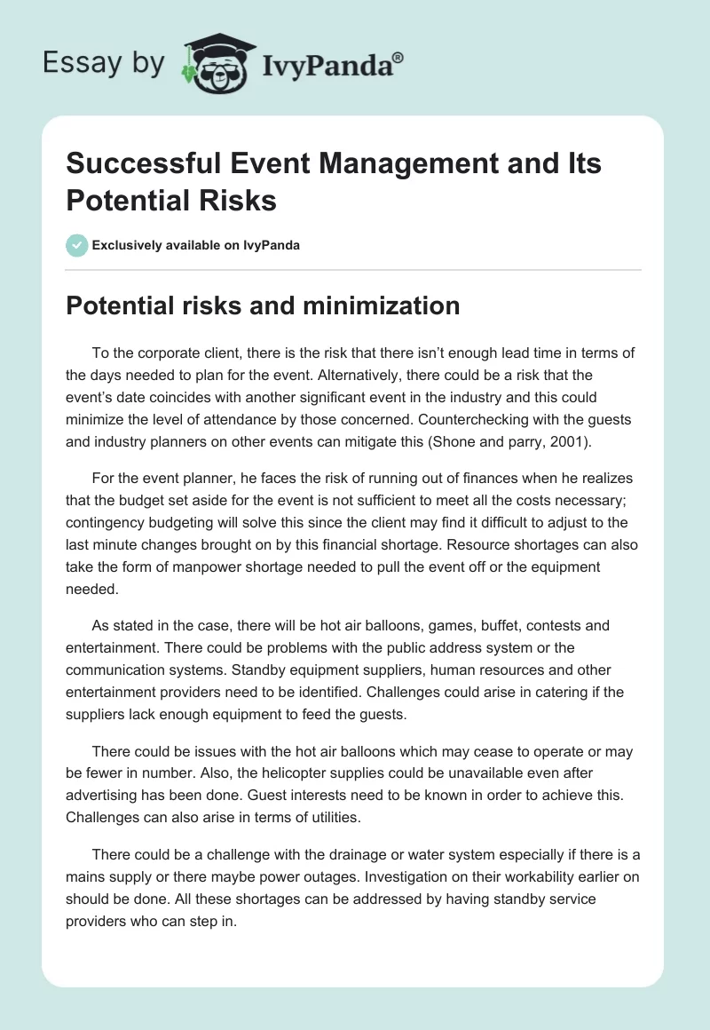 Successful Event Management and Its Potential Risks. Page 1