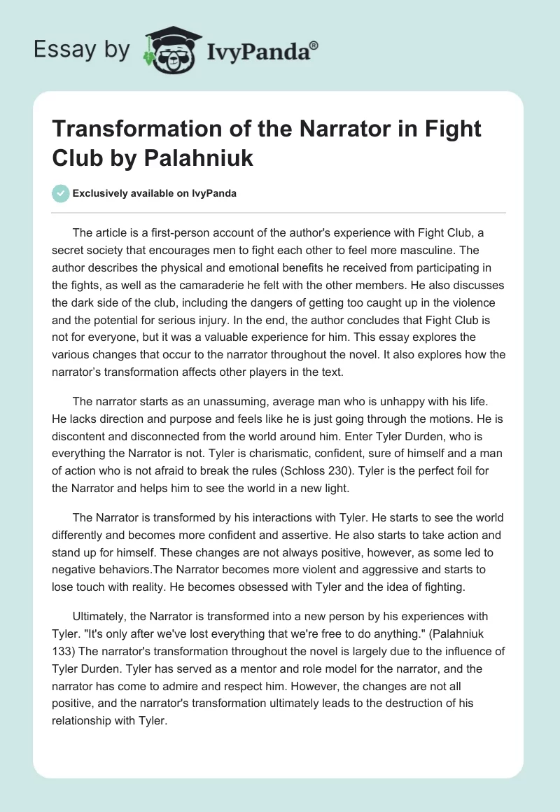 Transformation of the Narrator in Fight Club by Palahniuk. Page 1