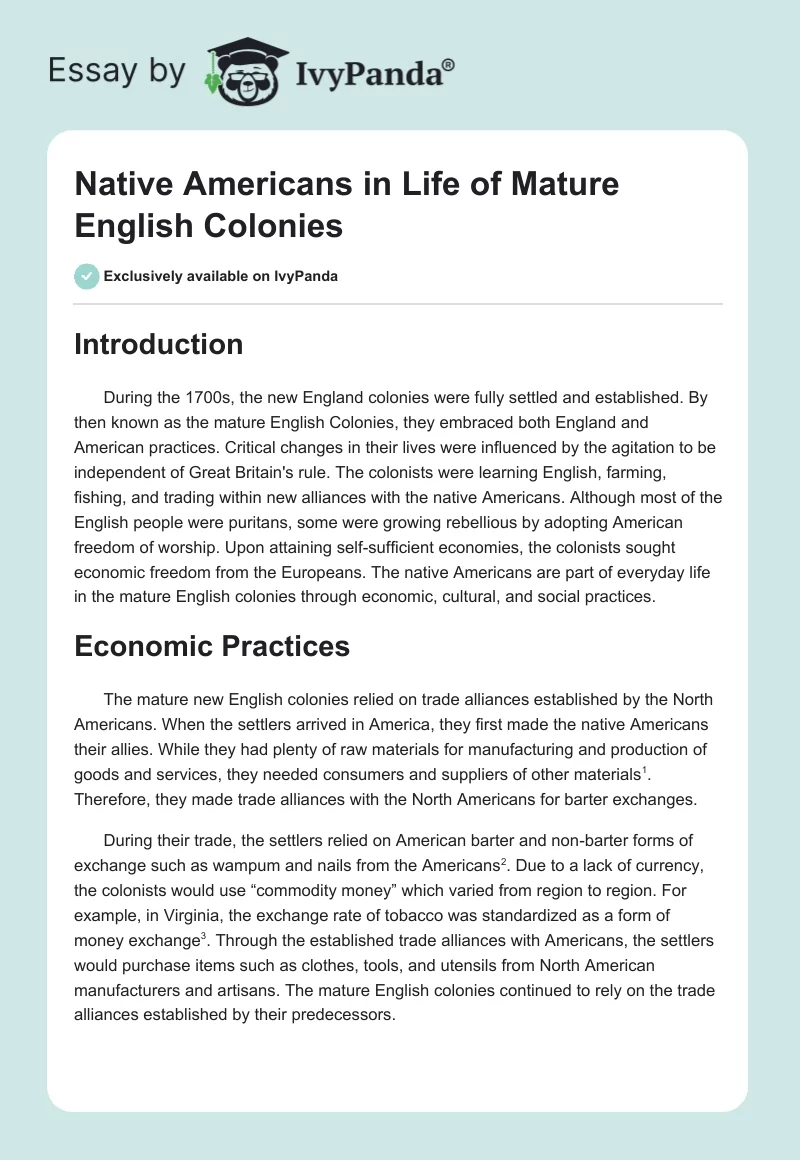 Native Americans in Life of Mature English Colonies. Page 1