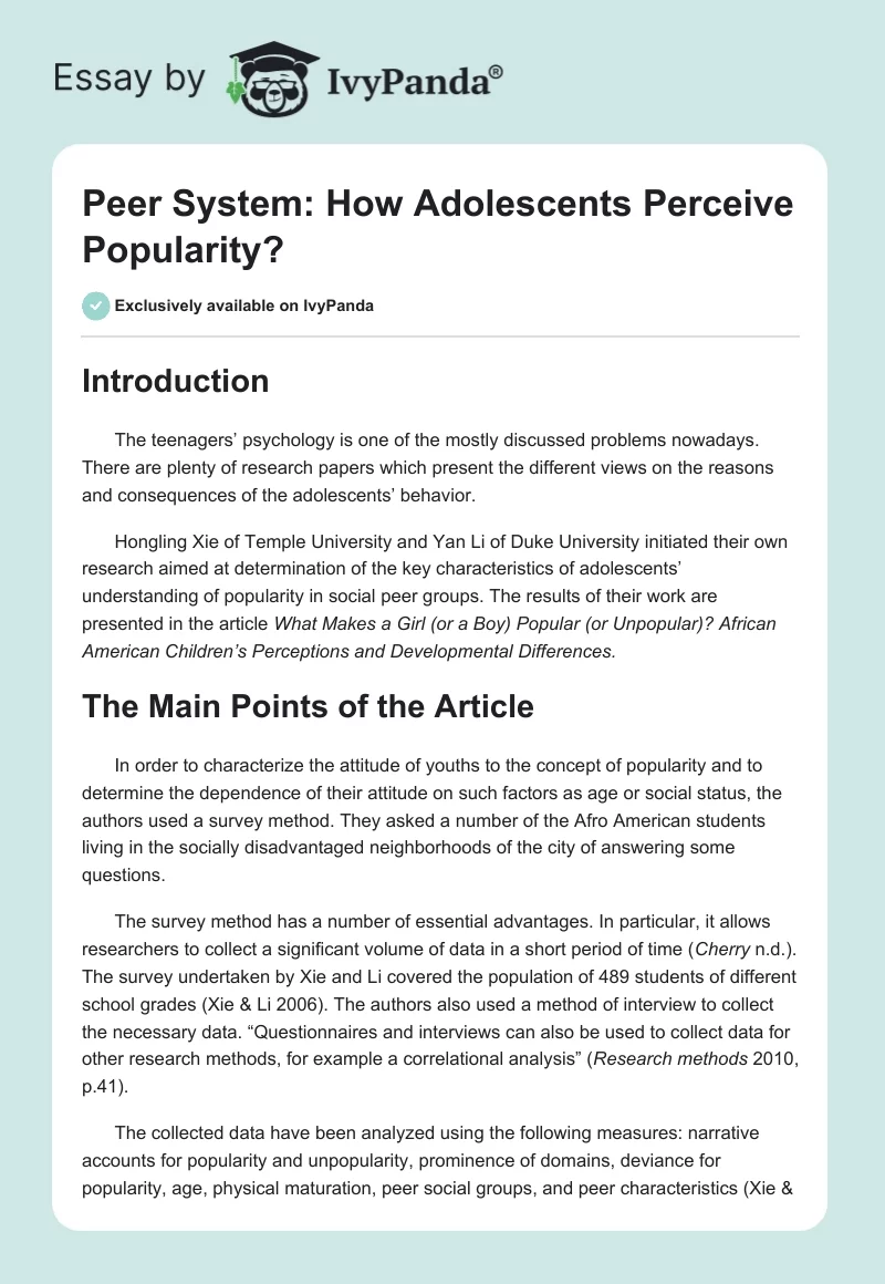 Peer System: How Adolescents Perceive Popularity?. Page 1