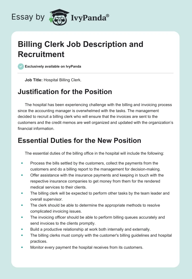 Billing Clerk Job Description and Recruitment. Page 1