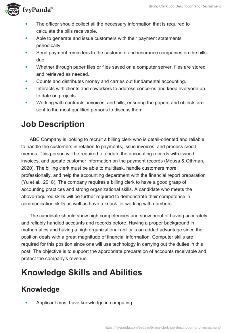 Billing Clerk Job Description and Recruitment. Page 2