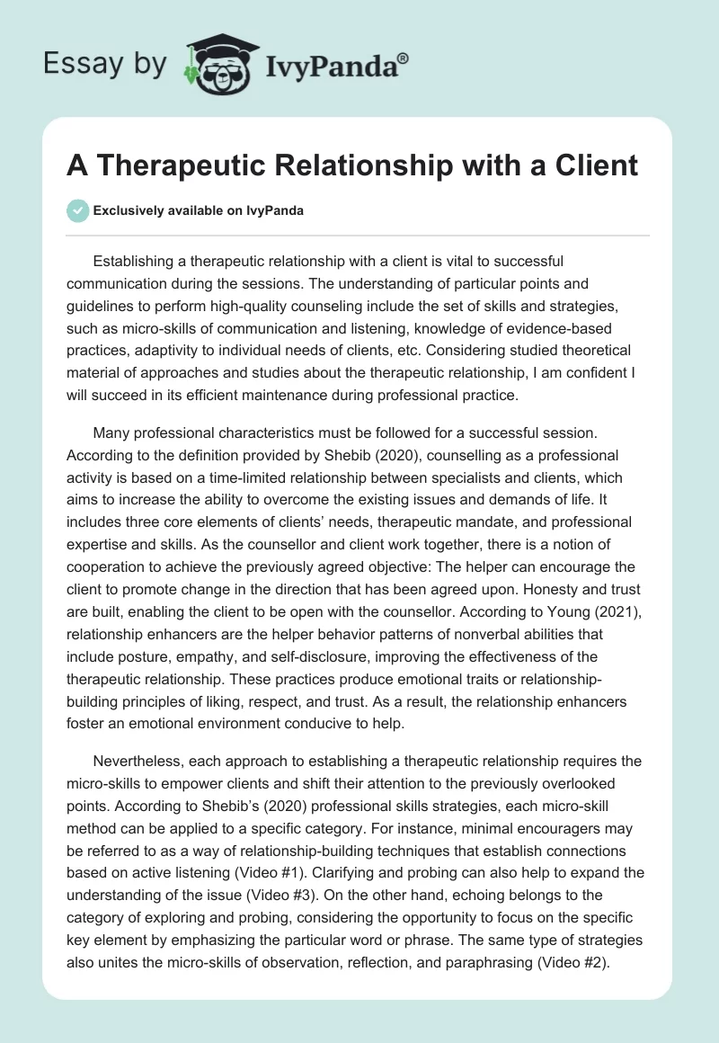 A Therapeutic Relationship with a Client. Page 1