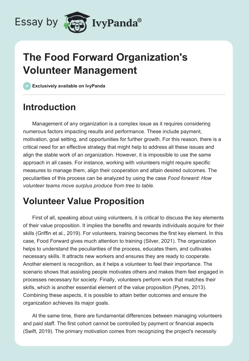 The Food Forward Organization's Volunteer Management. Page 1