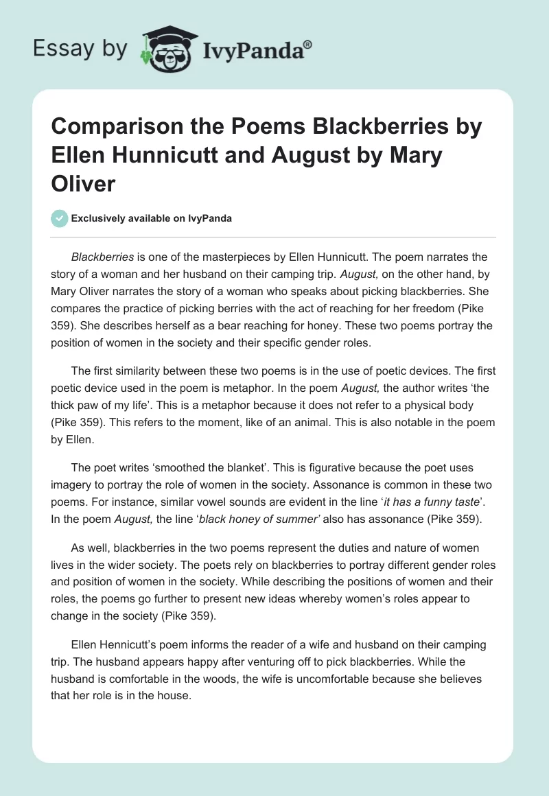Comparison the Poems Blackberries by Ellen Hunnicutt and August by Mary Oliver. Page 1