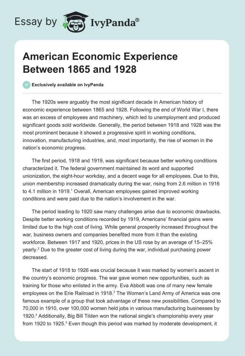 American Economic Experience Between 1865 and 1928. Page 1