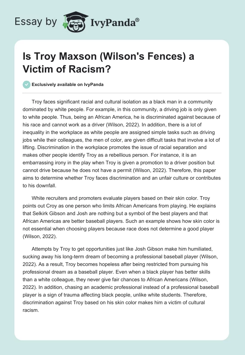 Is Troy Maxson (Wilson's Fences) a Victim of Racism?. Page 1