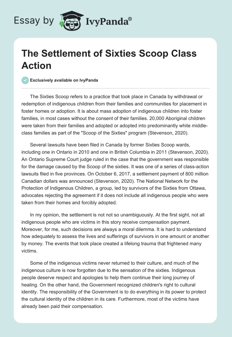 The Settlement of Sixties Scoop Class Action. Page 1