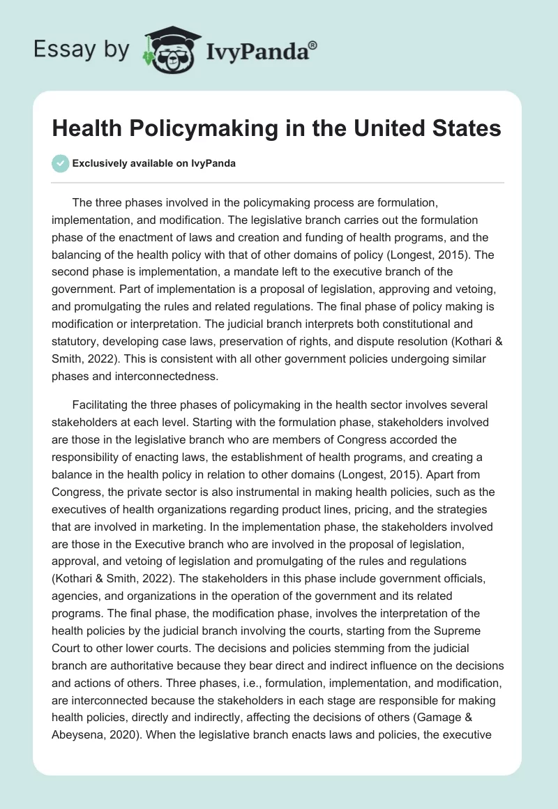 Health Policymaking in the United States. Page 1