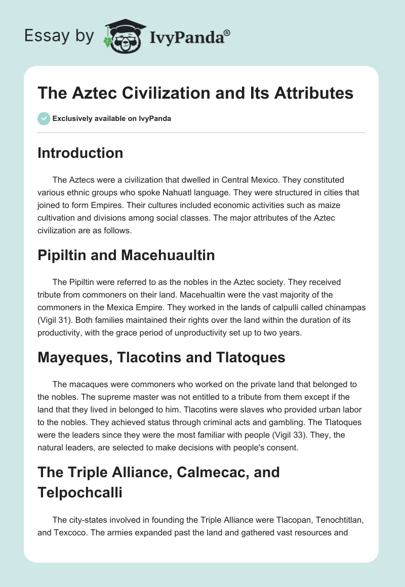 The Aztec Civilization and Its Attributes. Page 1