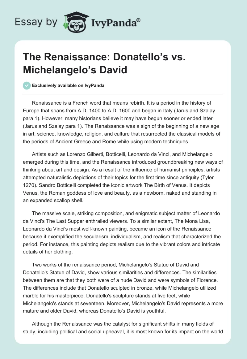 The Renaissance: Donatello’s vs. Michelangelo’s Statue of David. Page 1
