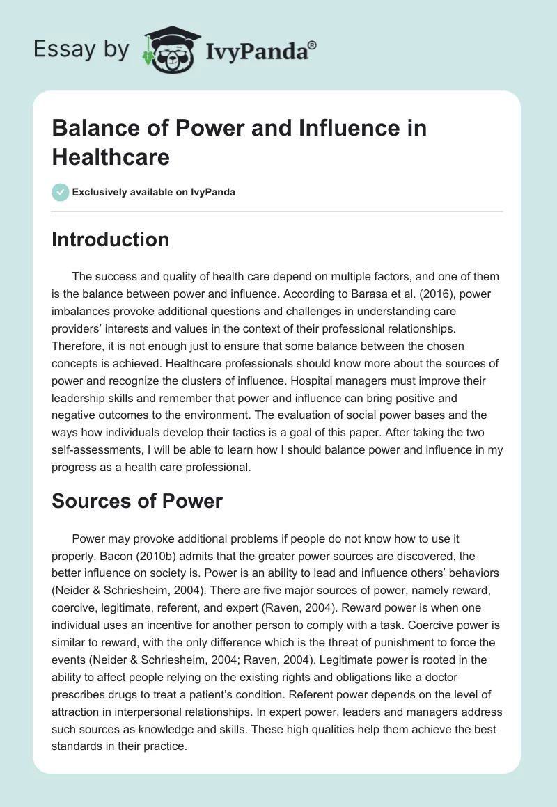 Balance of Power and Influence in Healthcare. Page 1