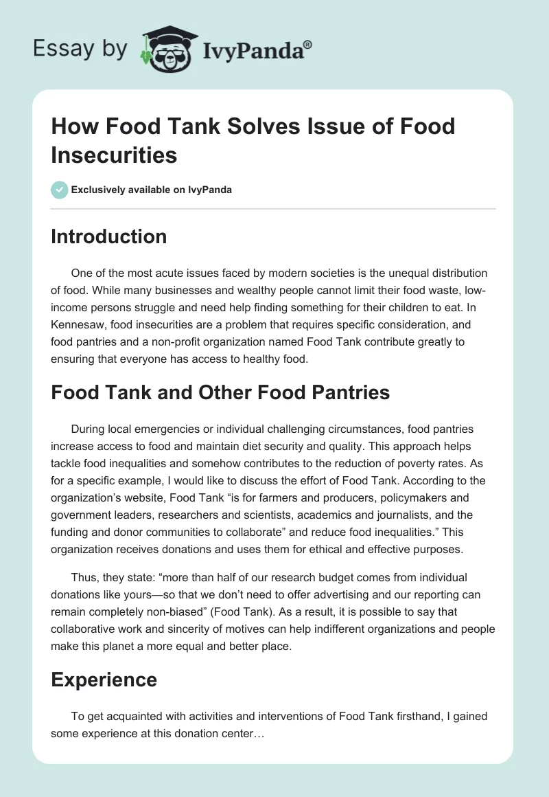 How Food Tank Solves Issue of Food Insecurities. Page 1