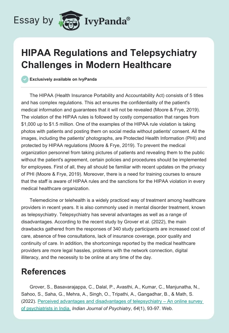 HIPAA Regulations and Telepsychiatry Challenges in Modern Healthcare. Page 1