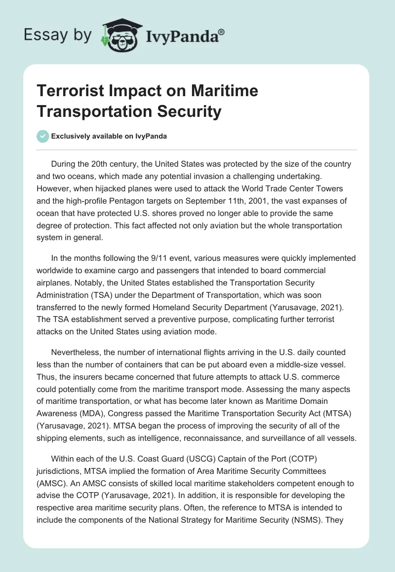 Terrorist Impact on Maritime Transportation Security. Page 1