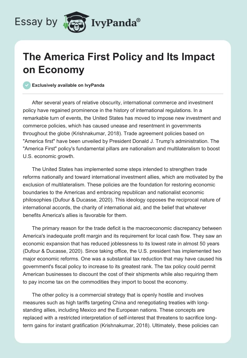The "America First" Policy and Its Impact on Economy. Page 1
