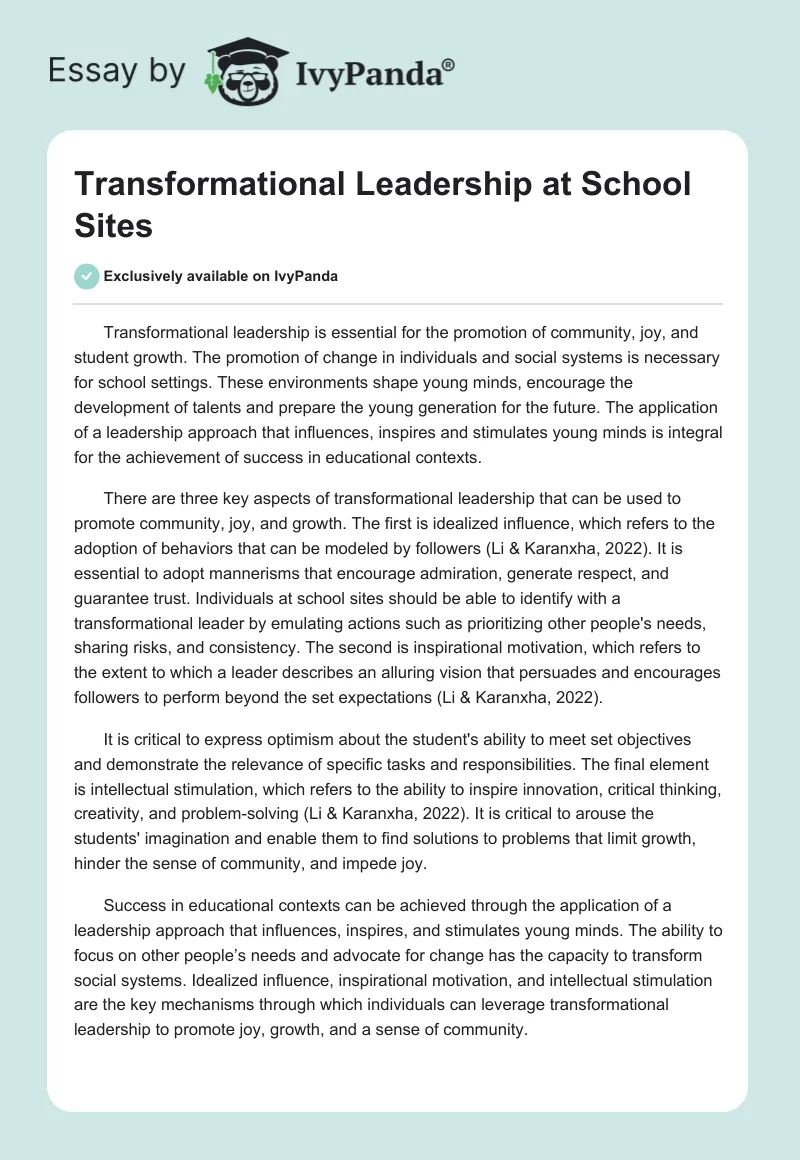 Transformational Leadership at School Sites. Page 1