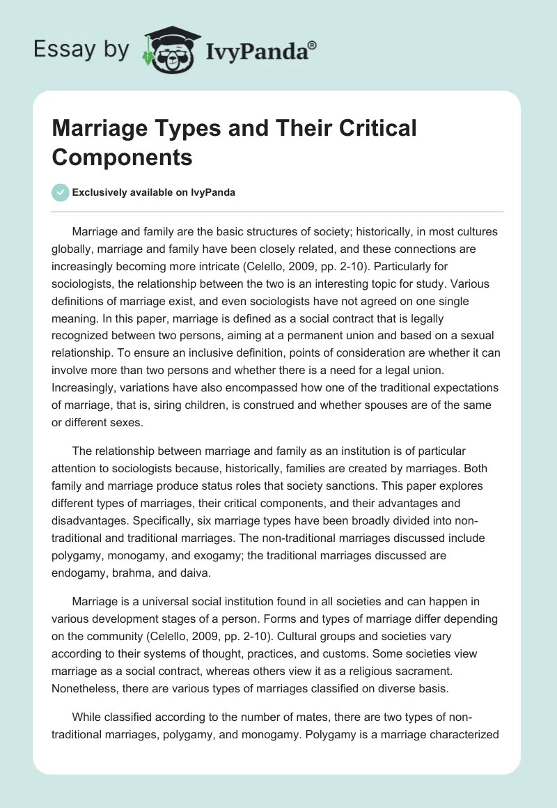 Marriage Types and Their Critical Components. Page 1