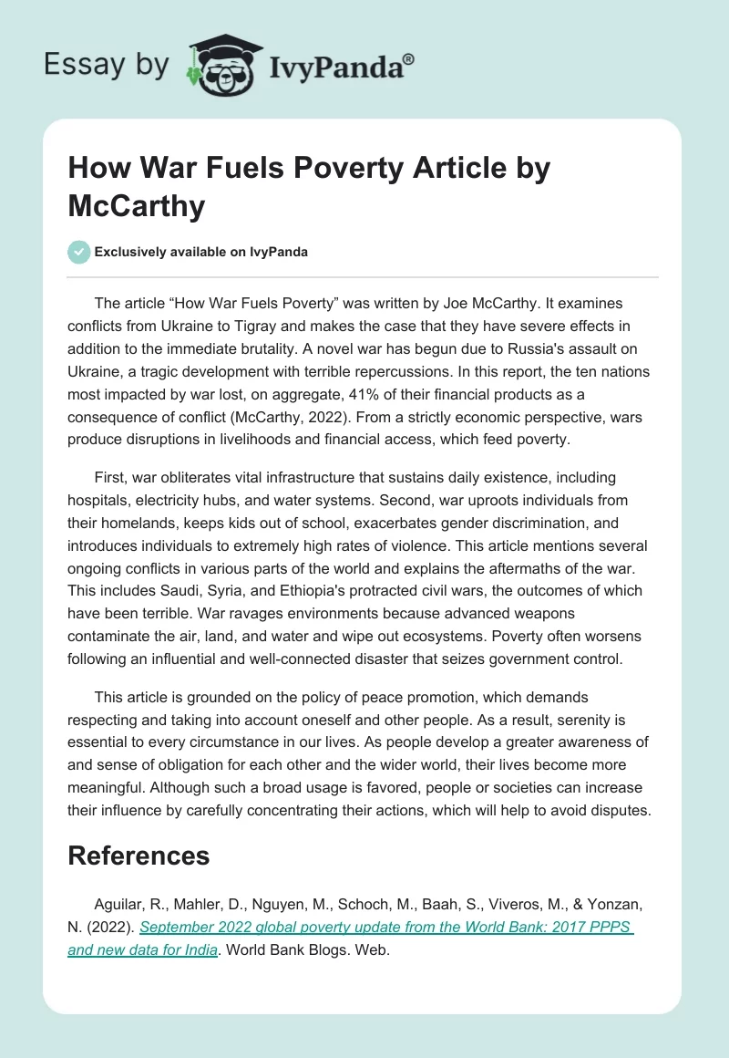 "How War Fuels Poverty" Article by McCarthy. Page 1