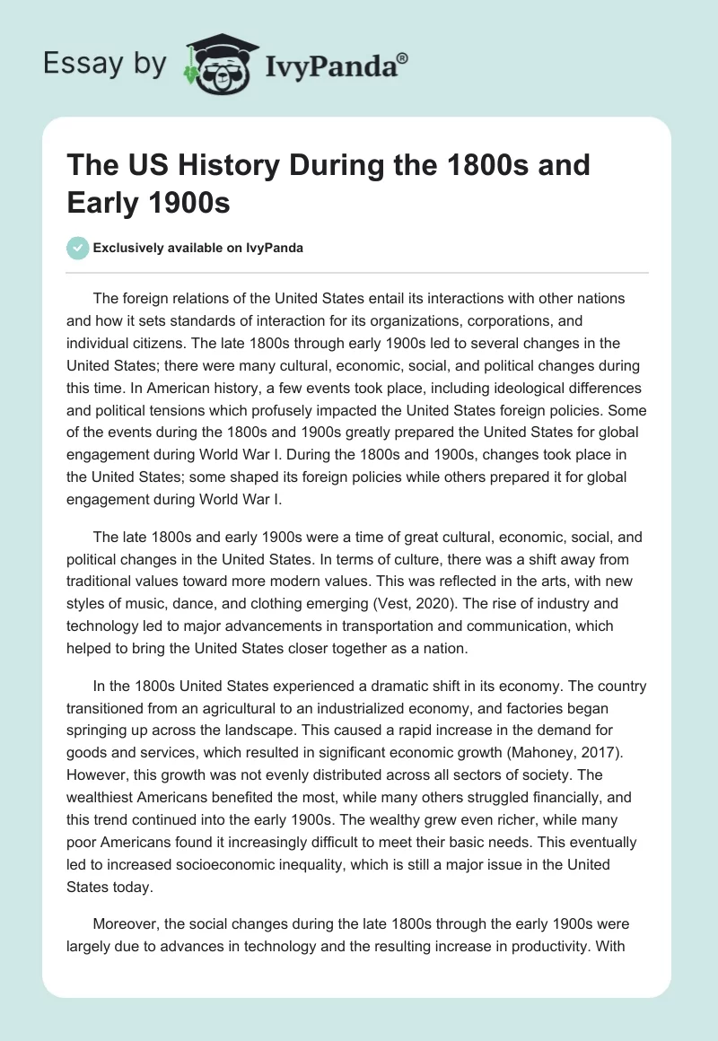 The US History During the 1800s and Early 1900s. Page 1