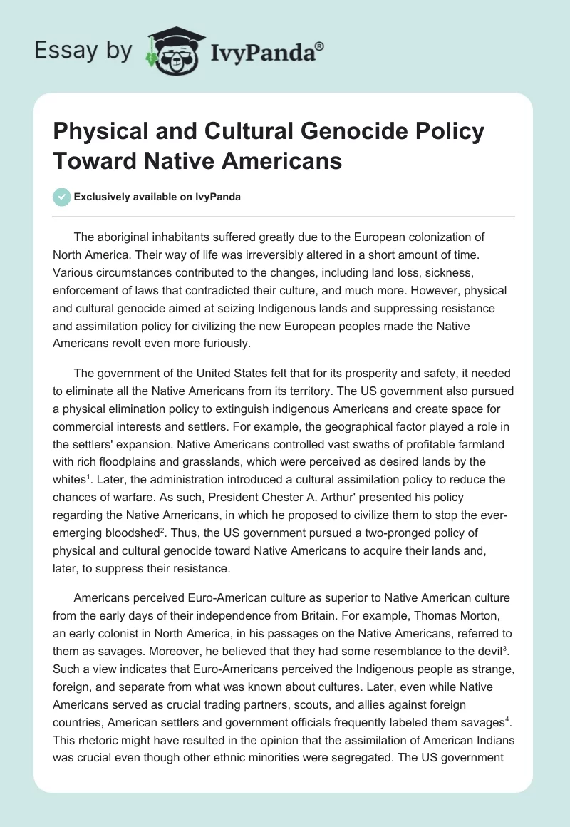 Physical and Cultural Genocide Policy Toward Native Americans. Page 1