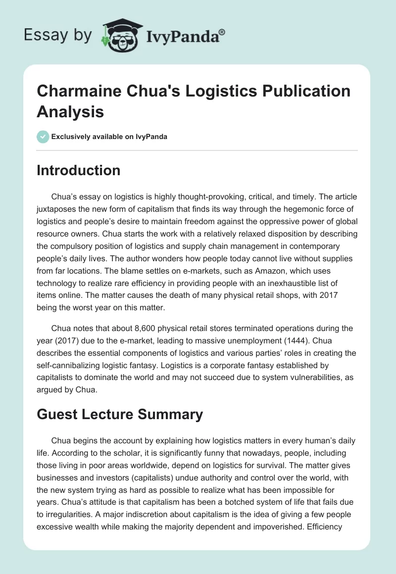 Charmaine Chua's "Logistics" Publication Analysis. Page 1