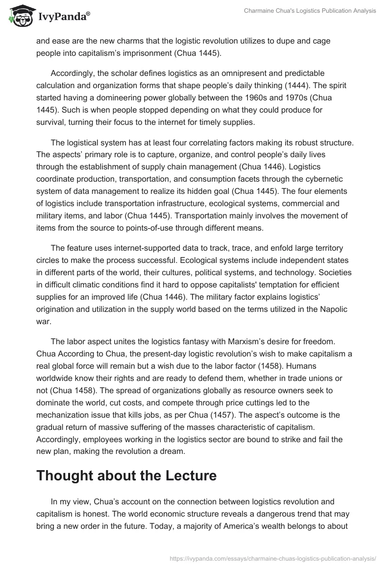 Charmaine Chua's "Logistics" Publication Analysis. Page 2