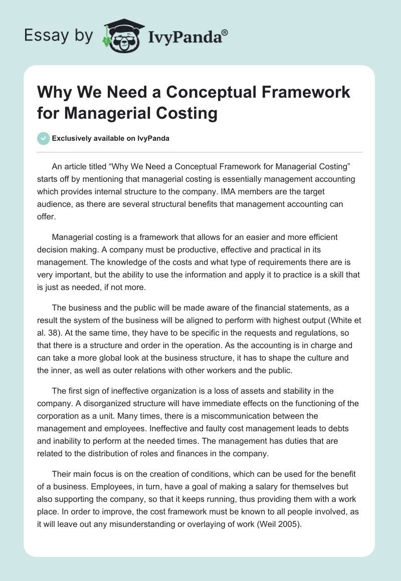 Why We Need a Conceptual Framework for Managerial Costing. Page 1