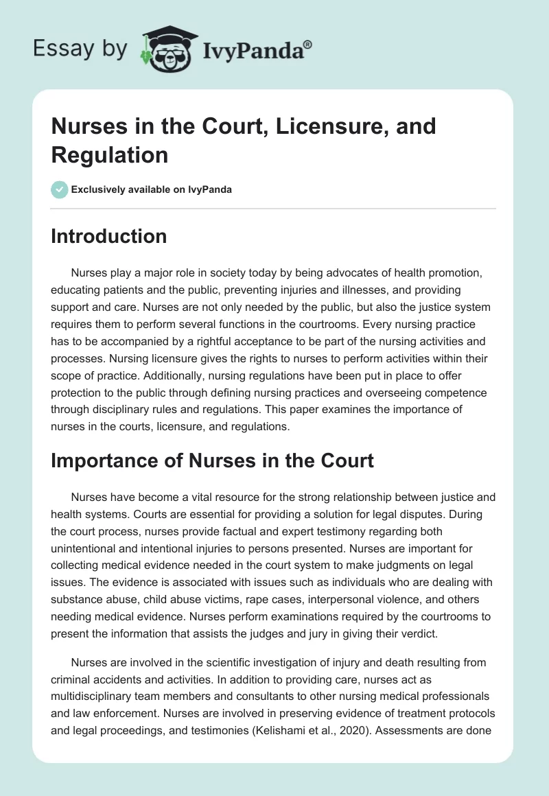 Nurses in the Court, Licensure, and Regulation. Page 1
