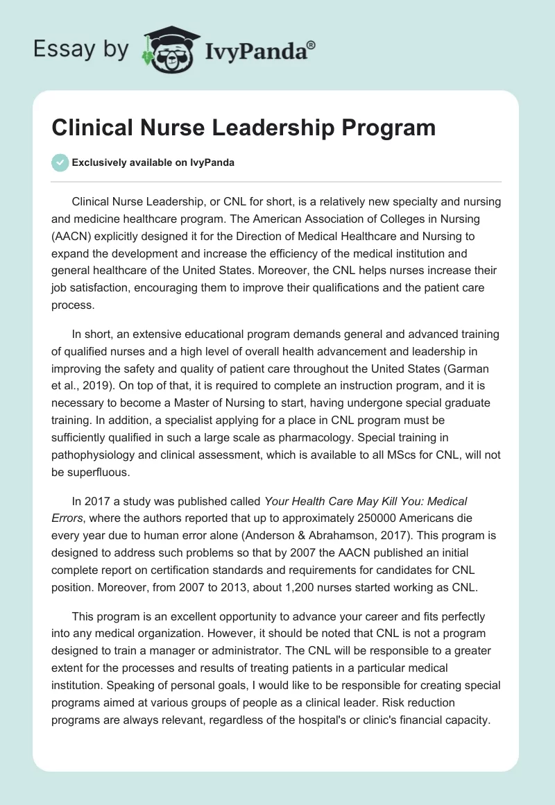 Clinical Nurse Leadership Program. Page 1