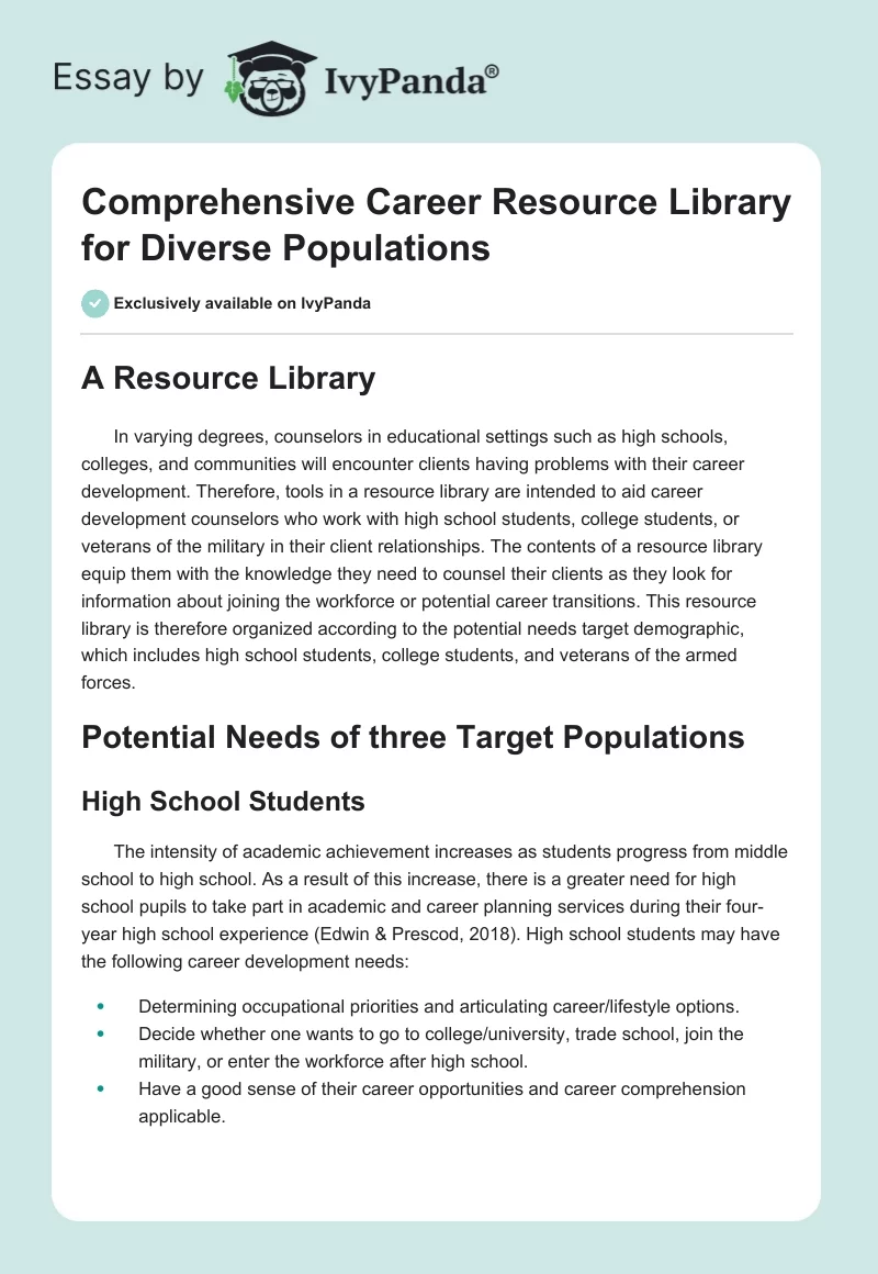 Comprehensive Career Resource Library for Diverse Populations. Page 1