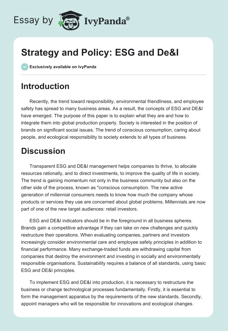 Strategy and Policy: ESG and De&I. Page 1