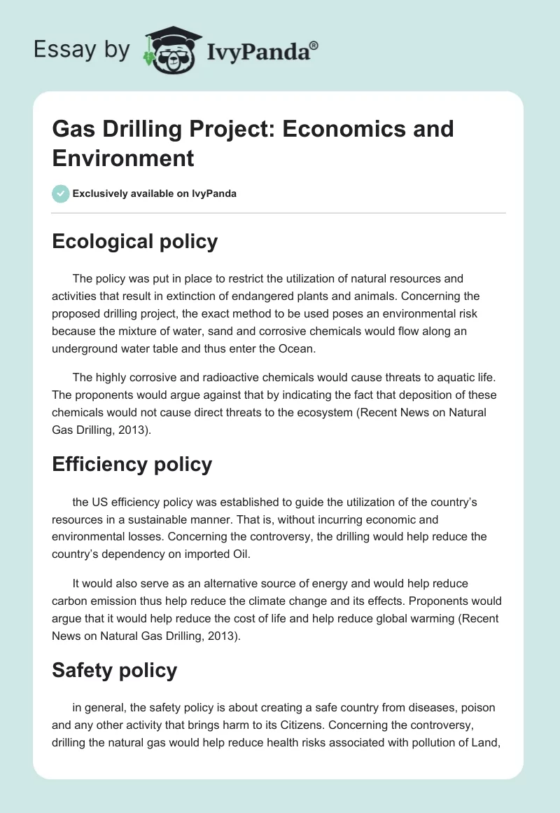 Gas Drilling Project: Economics and Environment. Page 1