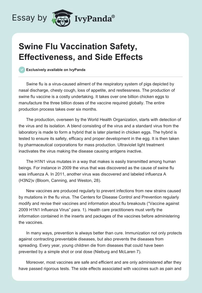 Swine Flu Vaccination Safety, Effectiveness, and Side Effects. Page 1
