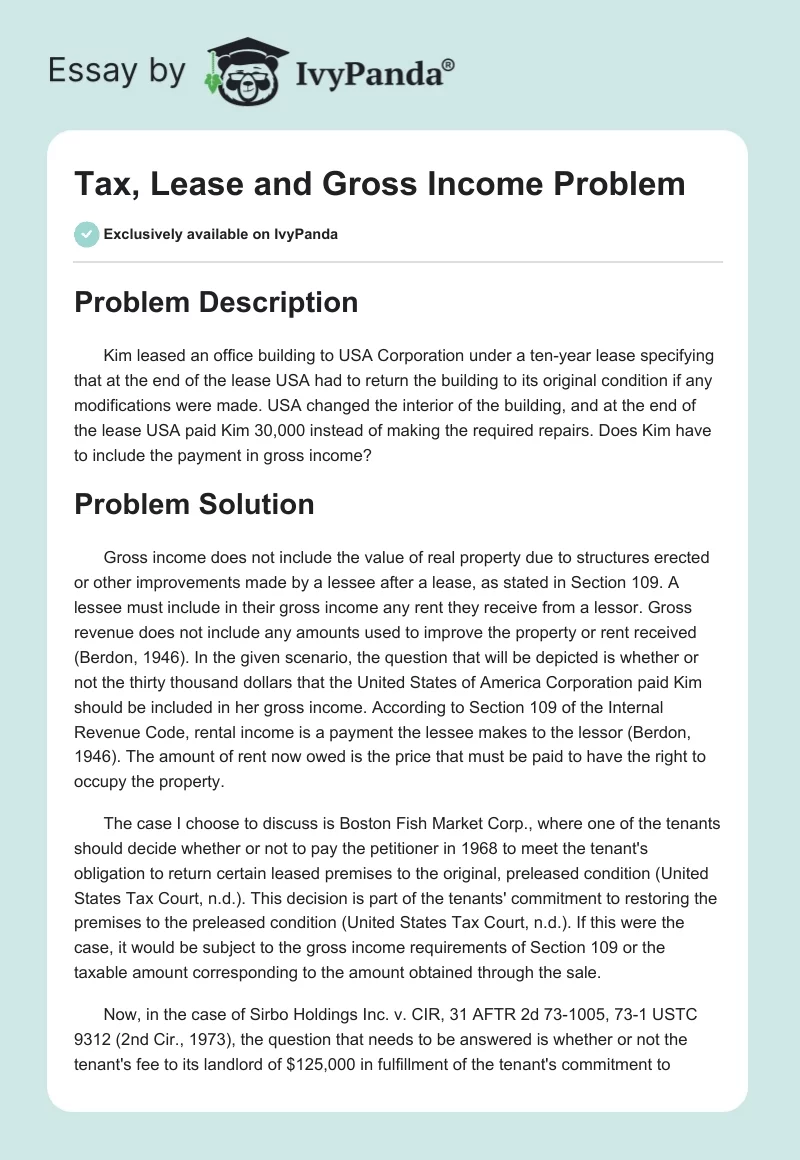 Tax, Lease and Gross Income Problem. Page 1