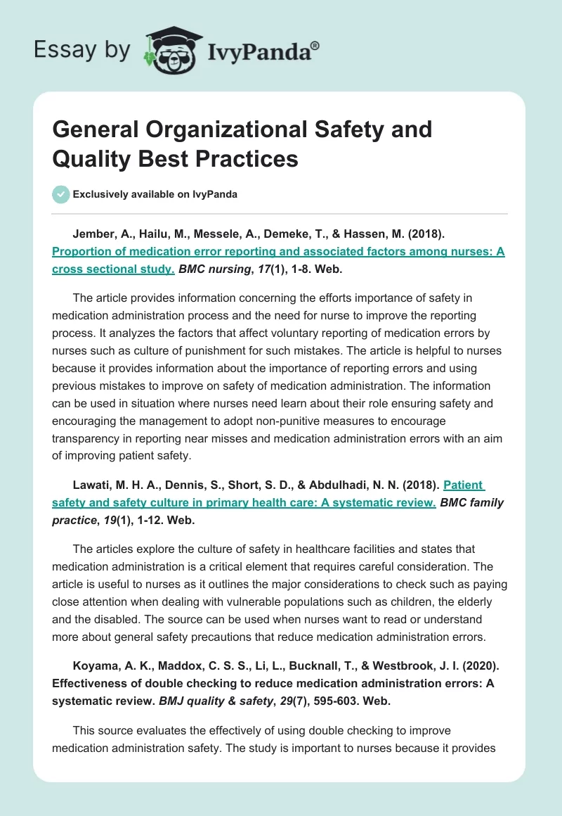 General Organizational Safety and Quality Best Practices. Page 1