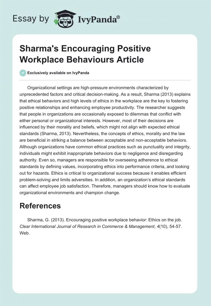 Sharma's Encouraging Positive Workplace Behaviours Article. Page 1