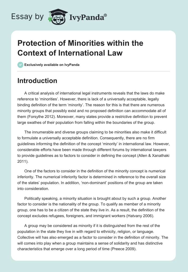 Protection of Minorities within the Context of International Law. Page 1
