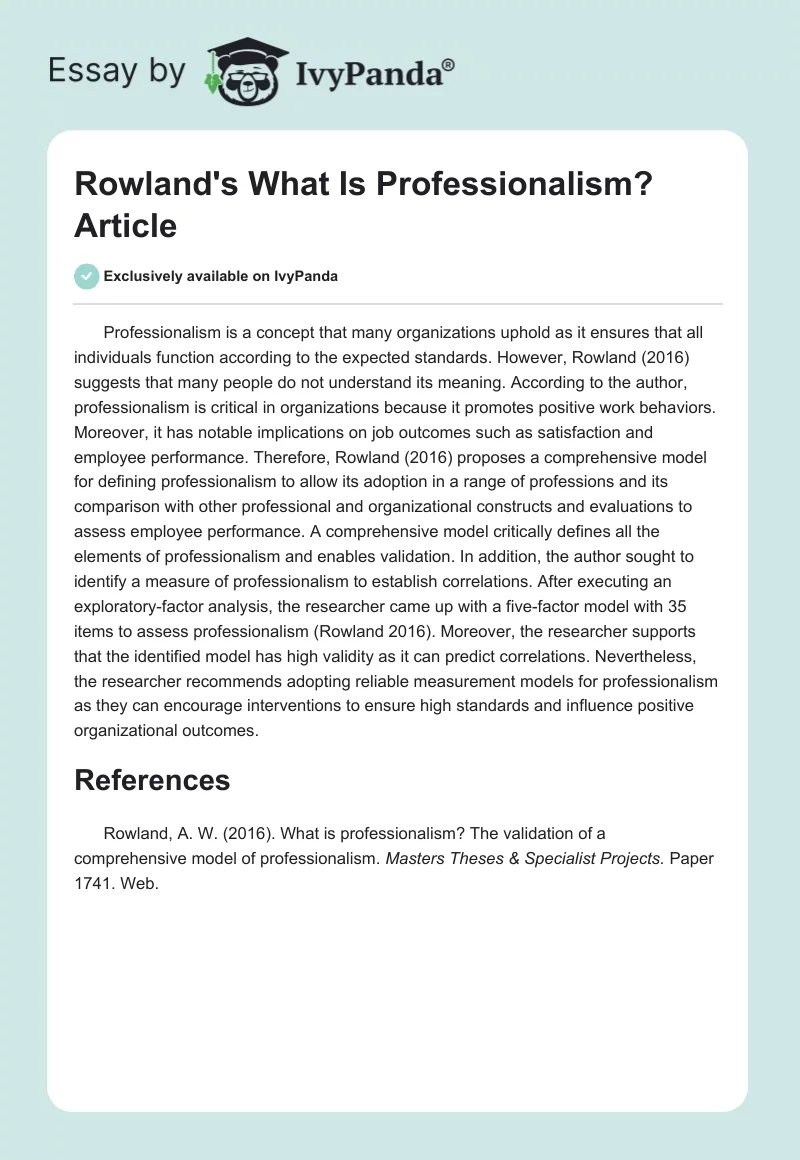 Rowland's "What Is Professionalism?" Article. Page 1