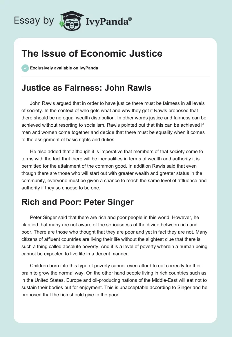 The Issue of Economic Justice. Page 1