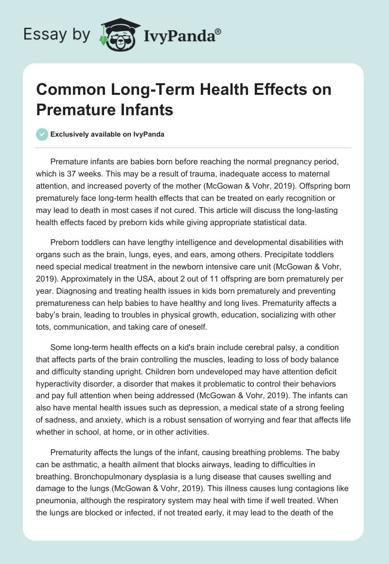 Common Long-Term Health Effects on Premature Infants. Page 1