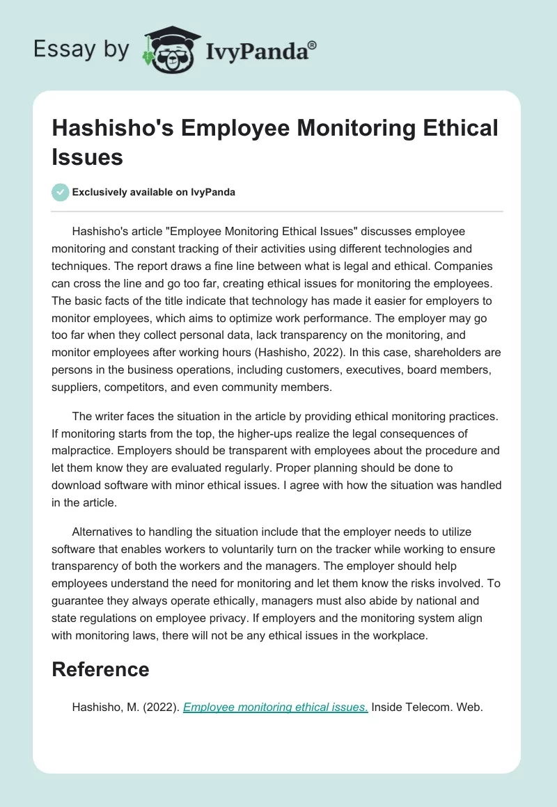 Hashisho's Employee Monitoring Ethical Issues. Page 1