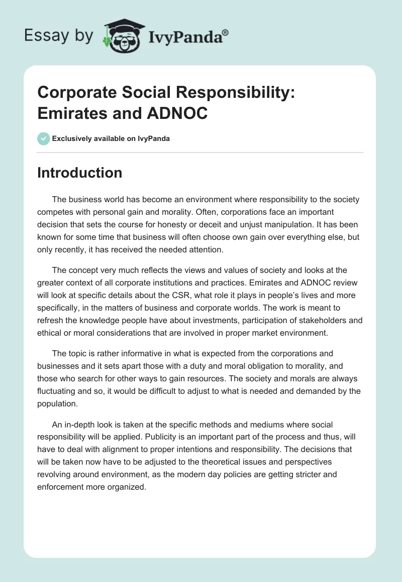 Corporate Social Responsibility: Emirates and ADNOC. Page 1
