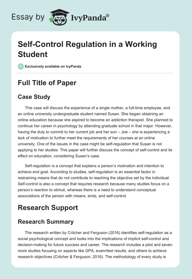Self-Control Regulation in a Working Student. Page 1