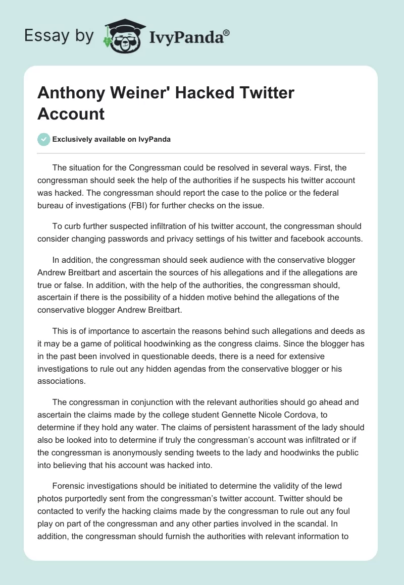 Anthony Weiner' Hacked Twitter Account. Page 1