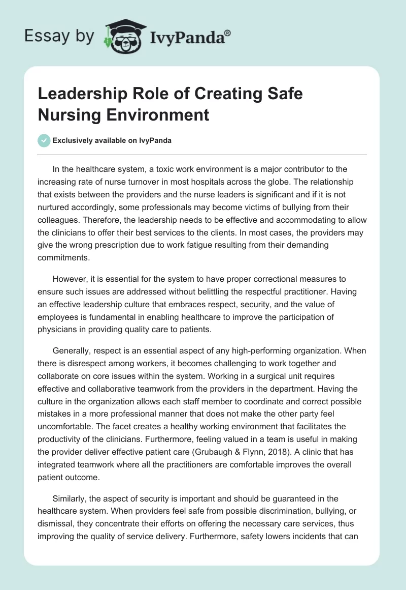 Leadership Role of Creating Safe Nursing Environment. Page 1