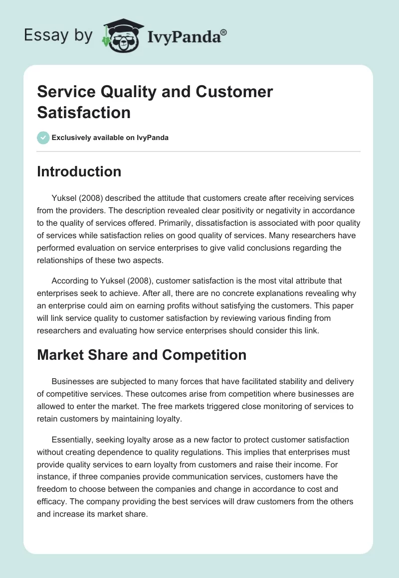 Service Quality and Customer Satisfaction. Page 1