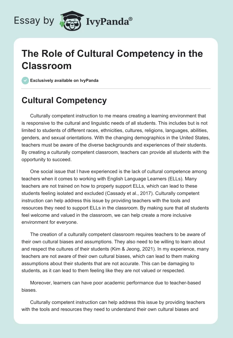 The Role of Cultural Competency in the Classroom. Page 1